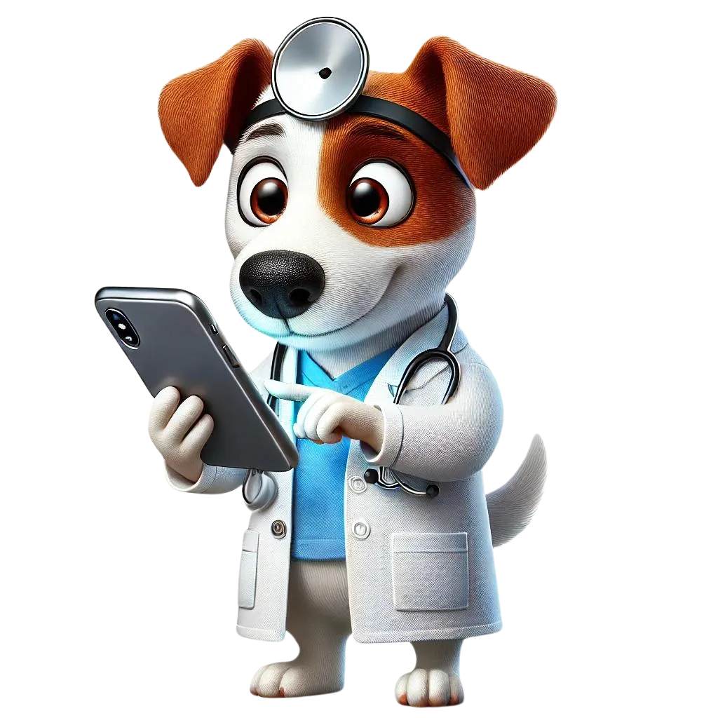 Cachorro de jaleco veterinário segurando celular - mascote VetVirtual