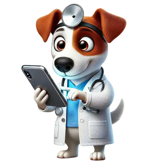 Mascote VetVirtual: cachorro de jaleco veterinário